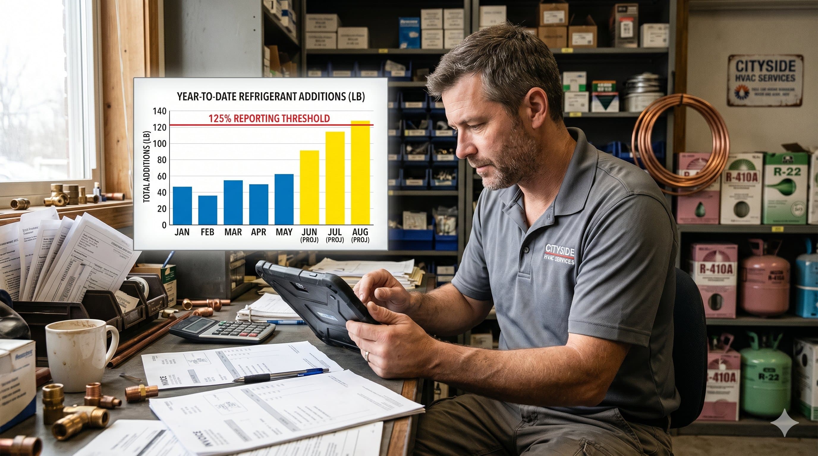 HVAC contractor reviewing a year-to-date refrigerant additions chart on a tablet with summer-month projections highlighted in yellow