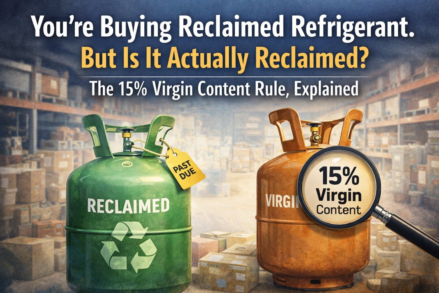 Refrigerant cylinder with reclaimed label showing 15 percent virgin content threshold under EPA Subpart C