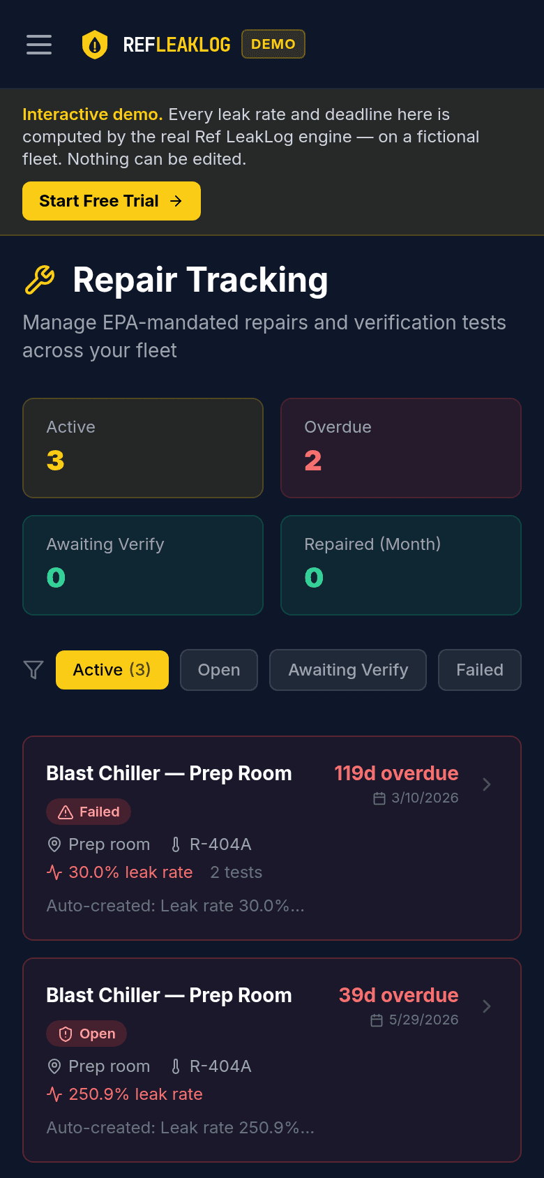 Repair tracking on a phone: active and overdue EPA repair actions with their 30-day deadlines